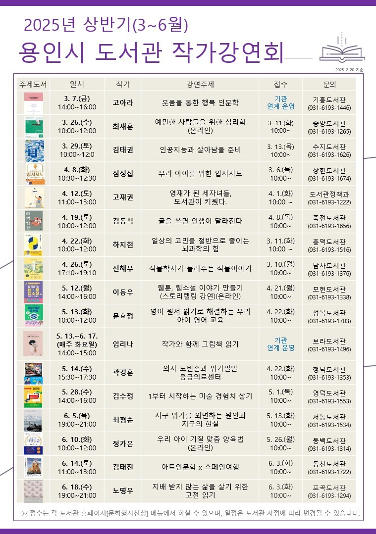용인시 도서관 상반기 연중 작가강연회 일정