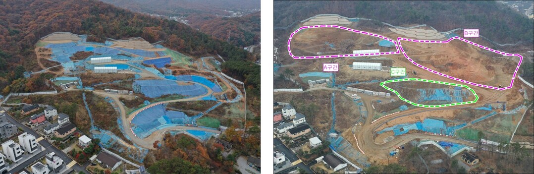 용인특례시 수지구 고기동의 노인복지주택 공사현장의 토사반출 전(왼쪽)과 후(오른쪽) 모습. 용인시 제공