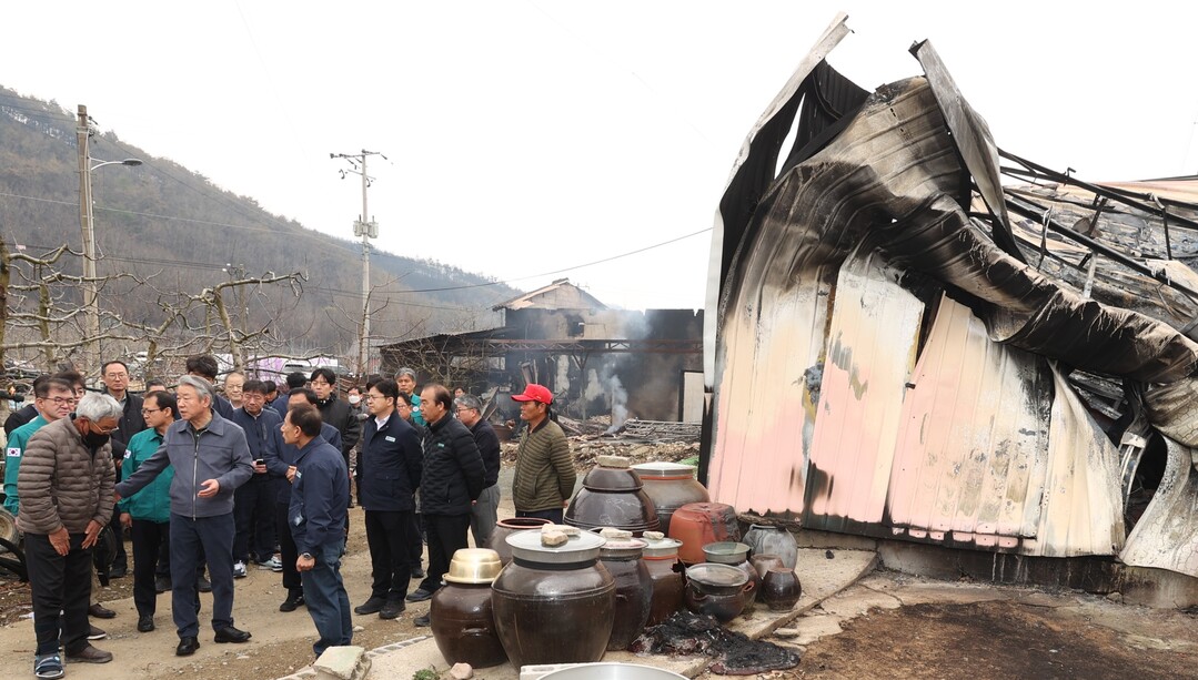 강호동 농협중앙회장(앞줄 왼쪽 두번째)은 산불 피해 현장에서 이재민을 위로하고 있다.