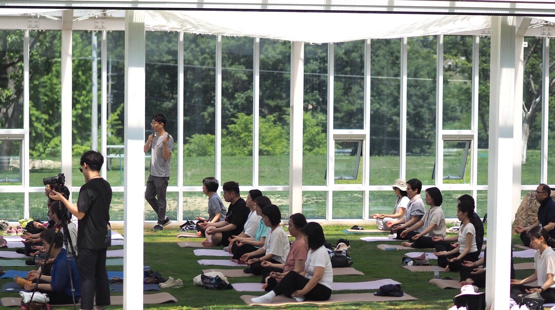세계평화여성연합이 실시한 ‘웰니스 평화여정_ 프로그램 중 참가자들이  DMZ숲 온실에서 요가를 하는 모습. 여성연합 제공
