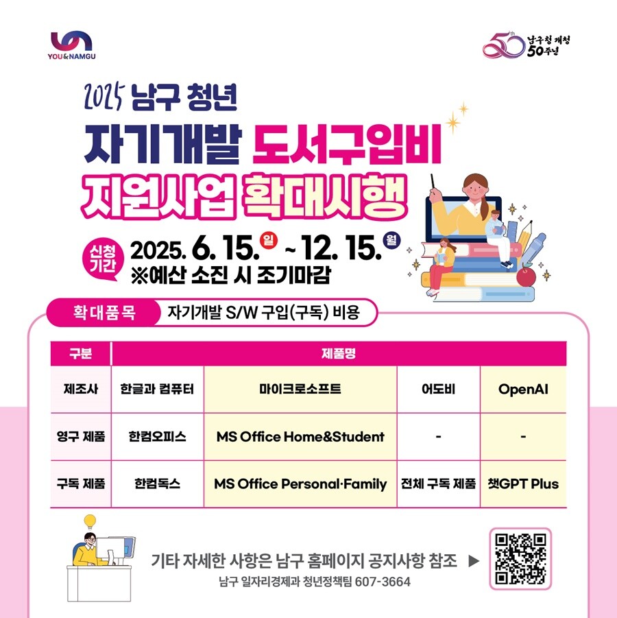 남구 청년 자기개발 도서구입비 지원사업 SW 구입구독 비용 지원 확대. 남구청 제공