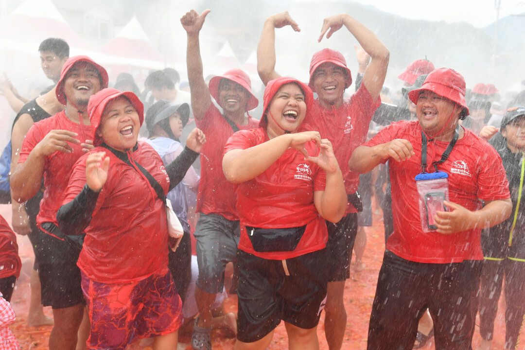 토마토축제 마지막 날 외국인들이 축제를 즐기고 있다