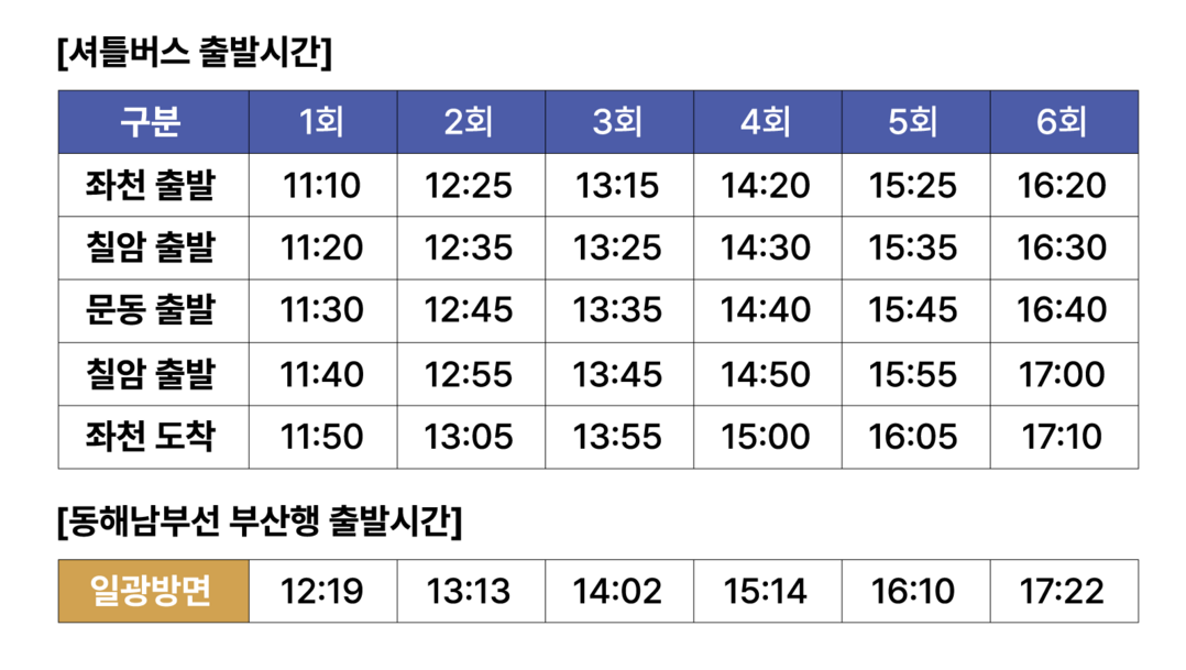 행사장 무료 셔틀버스 운행시간표.