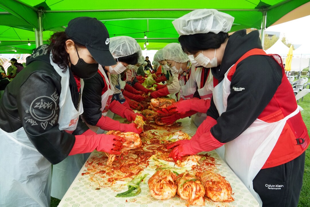 강원랜드, 정태영삼 김장나눔 어울림 한마당에서 김장을 하고있는 봉사자들