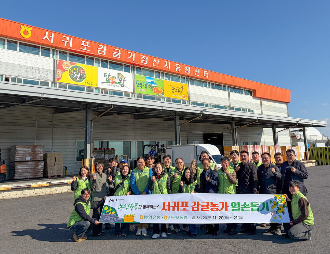  20일 농협유통 임직원들이 제주도 서귀포 농협 관내 농가 감귤 수확 일손 돕기에 앞서 기념 촬영을 하고 있다. 농협유통 제공