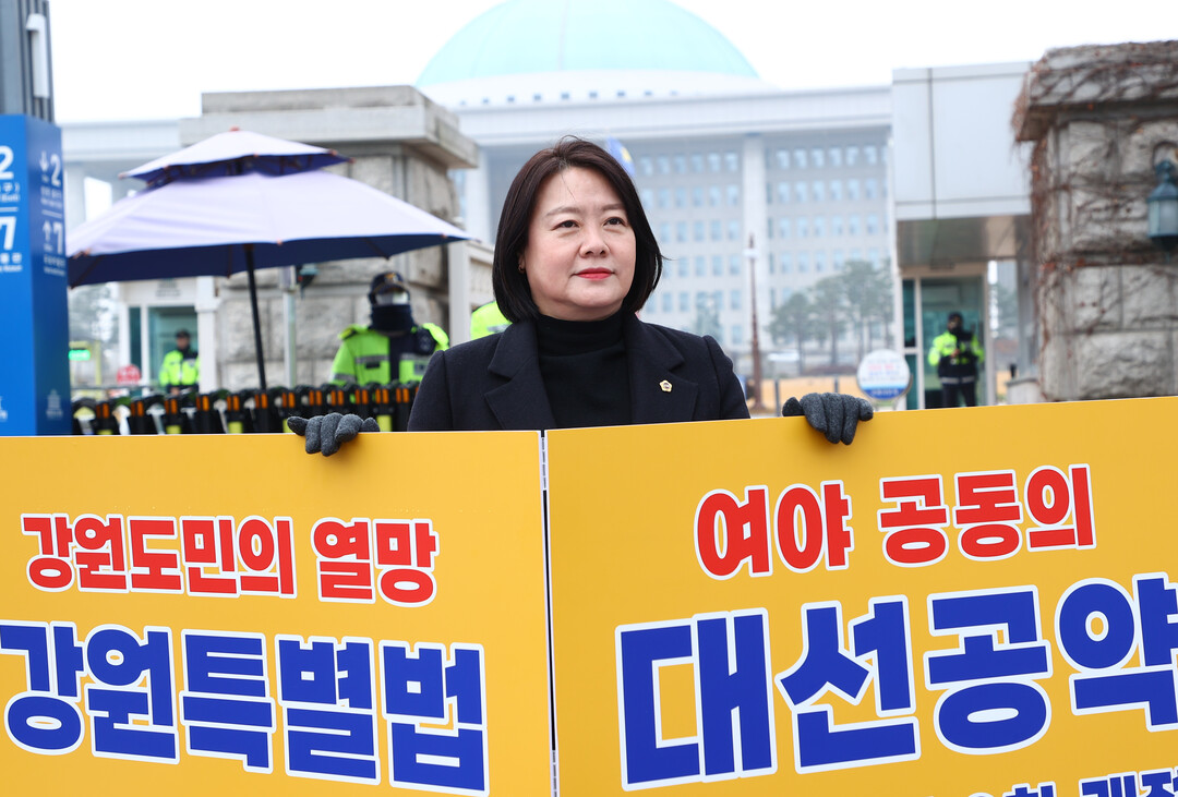 박윤미 도의원이 국회 정문앞에서 강원특별법 3차 개정을 촉구하는 1인 시위를 하고 있다