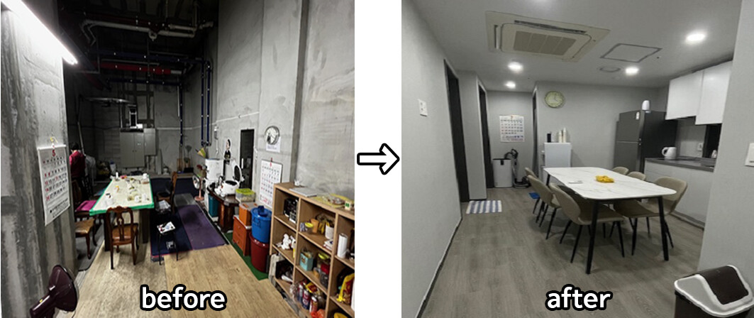 시 지원사업 추진 전 지하 피트층 설치된 경비&middot;청소 노동자 휴게실과 개선 완료한 경비&middot;청소 노동자 휴게실 전후사진. 김포시 제공