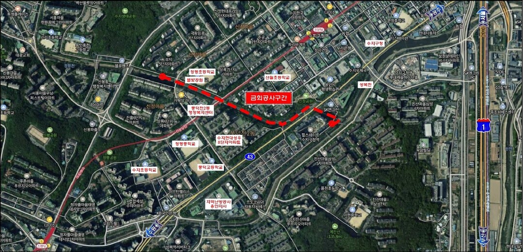 수지구 정평천 일원 산책 정비공사 위치도
