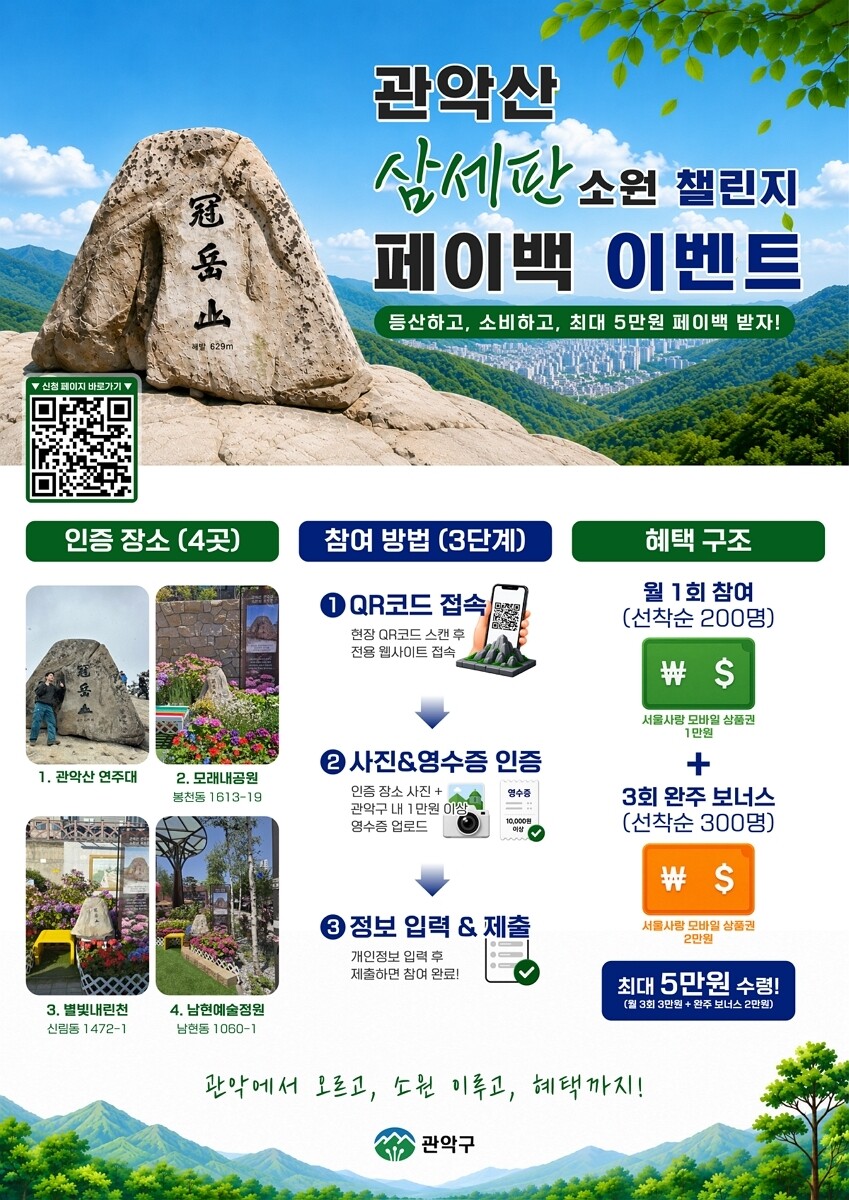 관악산 삼세판 소원 챌린지 페이백 이벤트 홍보 포스터