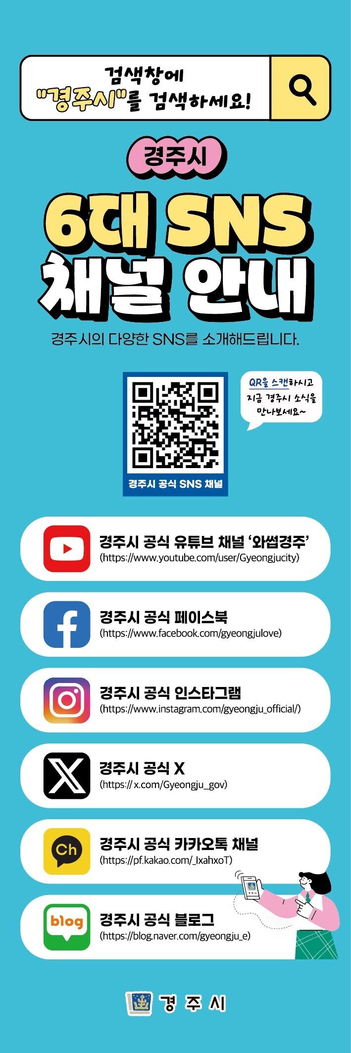 경주시 공식 사회관계망서비스(SNS) 6개 채널 안내 이미지. 경주시 공식 SNS는 7월 7일 기준 누적 구독자 20만 315명을 기록하며 20만 명을 돌파했다. 경주시 제공