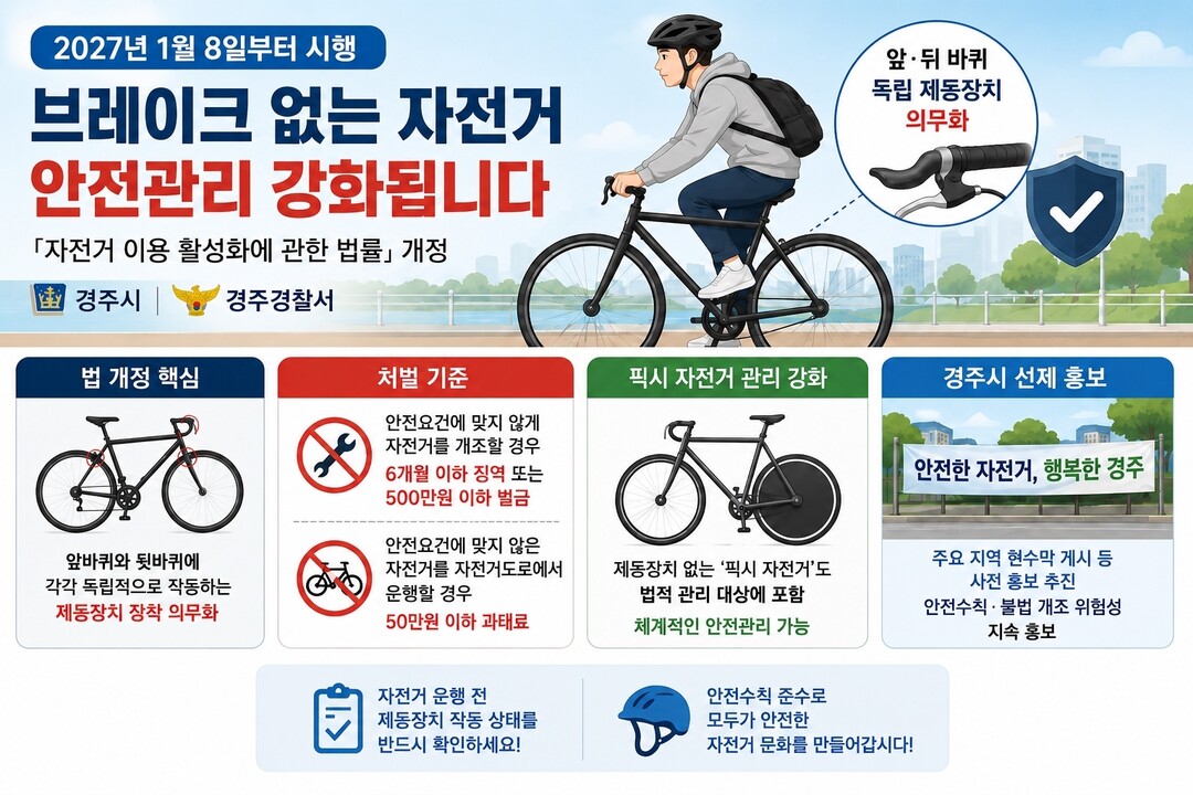 경주시가 내년 1월 8일부터 시행되는 자전거 제동장치 의무화 등 개정법 내용을 시민들에게 알리기 위해 경주경찰서와 함께 선제적인 홍보에 나서고 있다. 경주시 제공